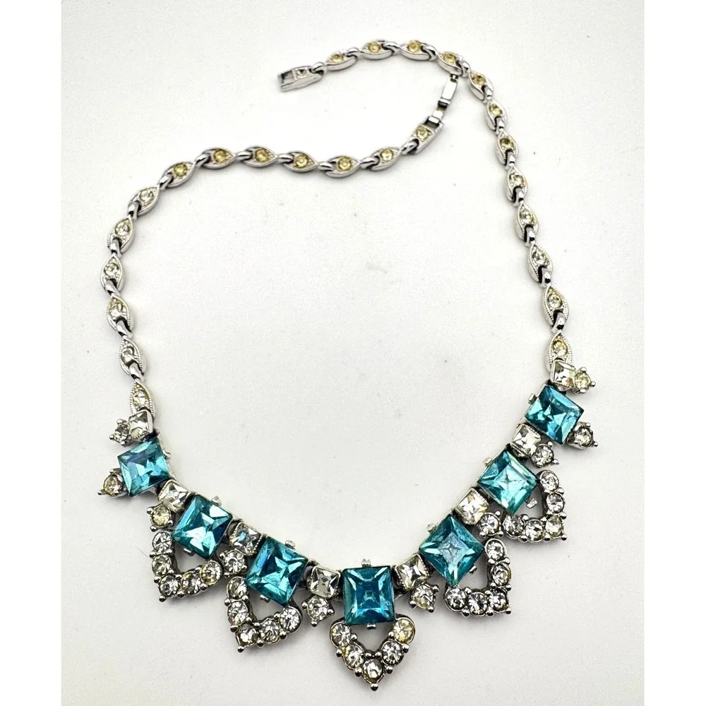 Vintage BOGOFF Necklace Blue Rhinestone Silver Tone MCM Aqua Teal